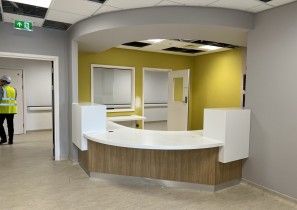 A reception desk in the new UECC. It has almost finished being built.