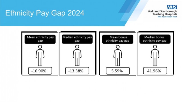 Four boxes in a row with headings and percentages. The first box is mean ethnicity pay gap and the percentage is -16.9%, the second box is median ethnicity pay gap and the percentage is -13.38%, the third box is mean bonus ethnicity pay gap and the percen