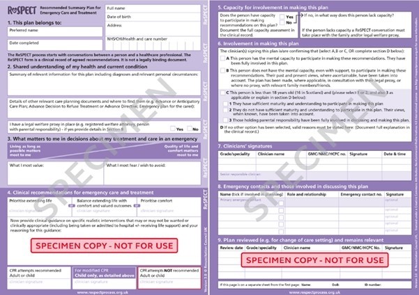 A specimen copy of the ReSPECT form to provide an example of what the form consists of.