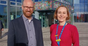 MySight York Chief Executive Scott Jobson with Advanced Specialist Practitioner Cath Williamson in front of the stadium.