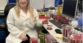 Ella at work, surrounded by petri dishes.