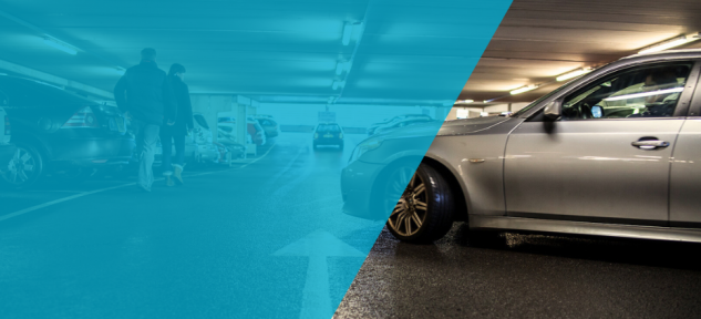 Car driving through a car park.
