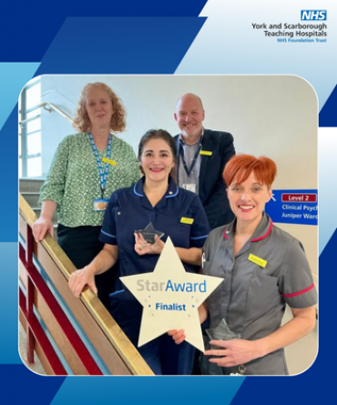 Star Award winners Heather Stuart and Lorraine Nobel receiving their awards from Tara Filby, Deputy Chief Nurse, and Simon Morritt, Chief Executive