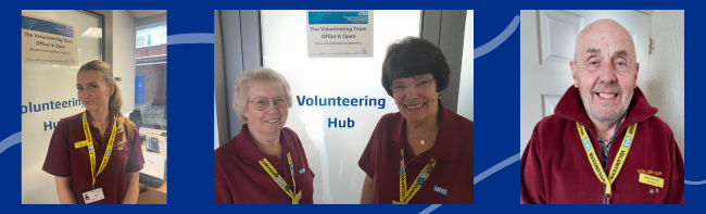 Three photos of volunteers in their burgundy polo shirts and yellow lanyards.